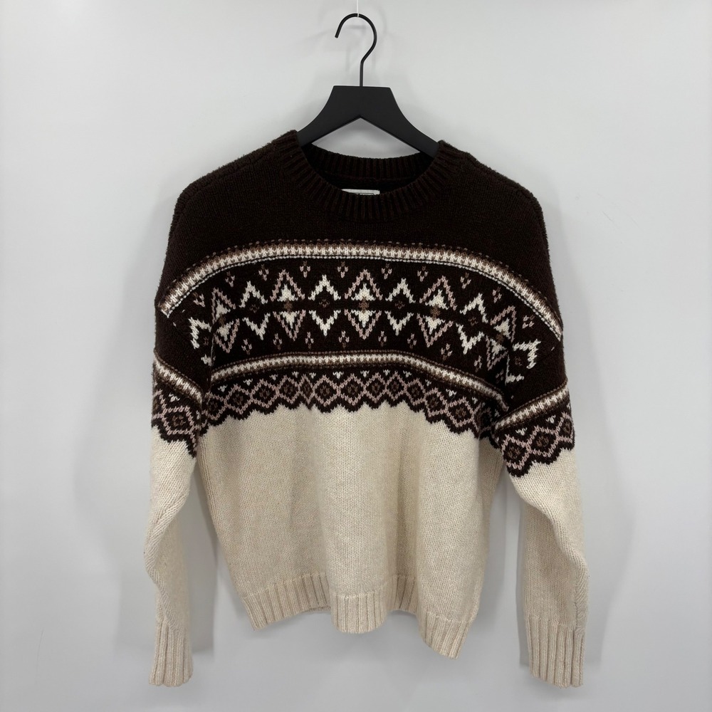 American Eagle Womens Fair Isle Crewneck Sweater Small Brown Cream Oversize Cozy
